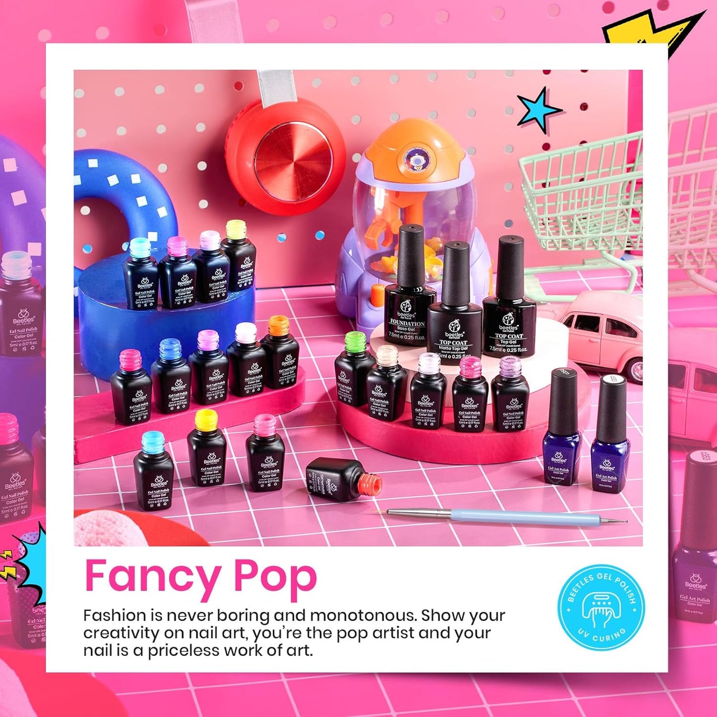 Beetles Summer Gel Nail Polish Set 24pcs Jelly Neon Hot Pink Orange Green Blue Purple Color with White Black Liner Gel Polish and Base Top Coat Nail Art Pen Gifts for Women Fancy Pop