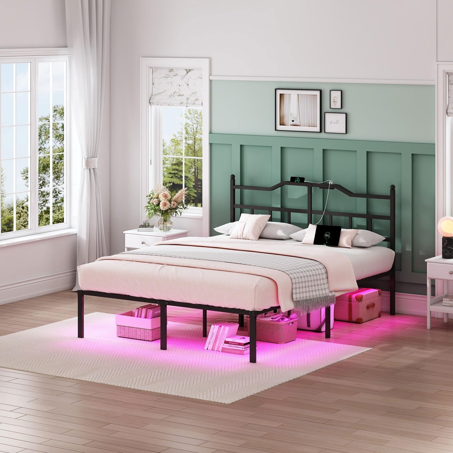 YORMDMO Full Bed Frame with LED Lights, 14 inch Metal Bedframe with Headboard, Outlets & USB, Heavy Duty Basic Steel Slats Platform, Noise Free, No Box Spring Needed