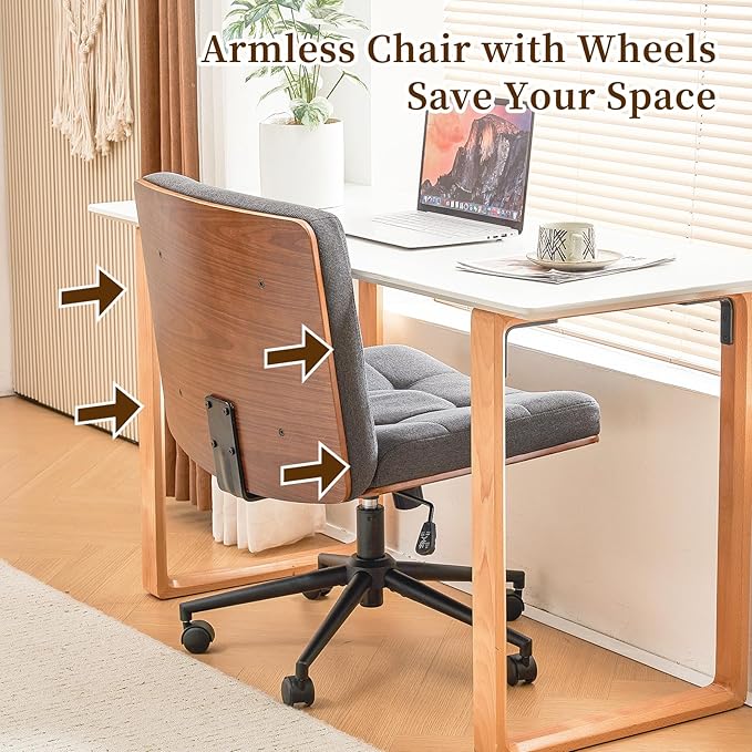 Furnimart FSC Wooden Wide Desk Chair, 360° Swivel Criss Cross Office Chair with Wheels, Comfy Cross Legged Sitting, Armless Height Adjustable Rolling Chair for Bedroom, Office, Vanity (Linen Gray)