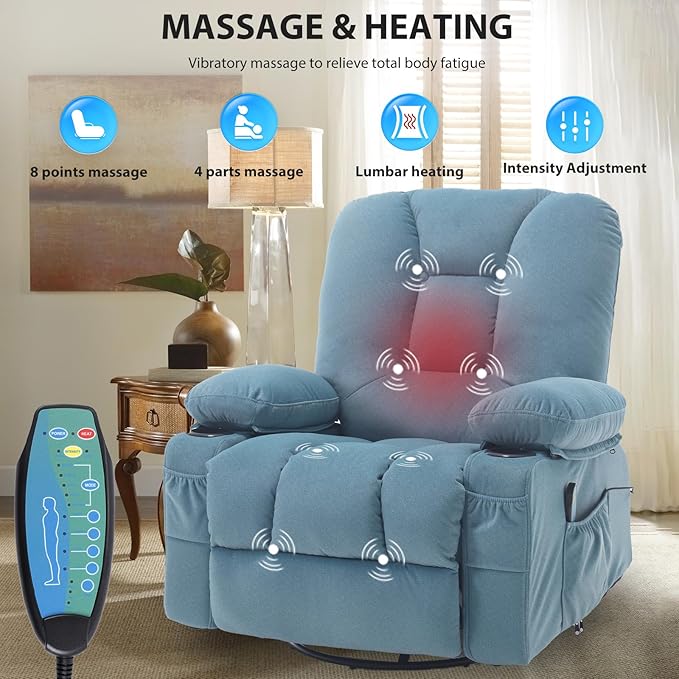 KCREAM Rocker Recliner Chair with Massage & Heat, 360° Swivel Glider Recliner with Cup Holder, Overstuffed Soft Fabric Recliner for Living Room Nursery RV, Blue