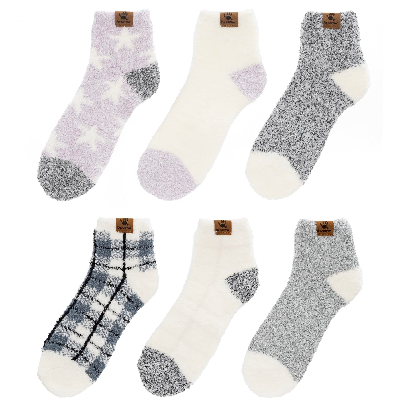 BEARPAW Ladies 6 Pair Pack Cozy Super Soft Warm Lounge Socks Multi Color Patterned Ankle and Low Cut Packs, Purple