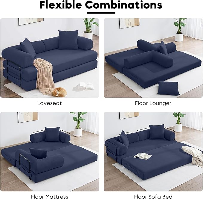 ZEIINPA Convertible Sleeper Sofa Bed with Cylindrical Pillow, Corduroy Folding Boneless Couch with Fixed-Shape Frame, Floor Sofa Lounge Couch for Living Room Bedroom Lounge Studio-Blue