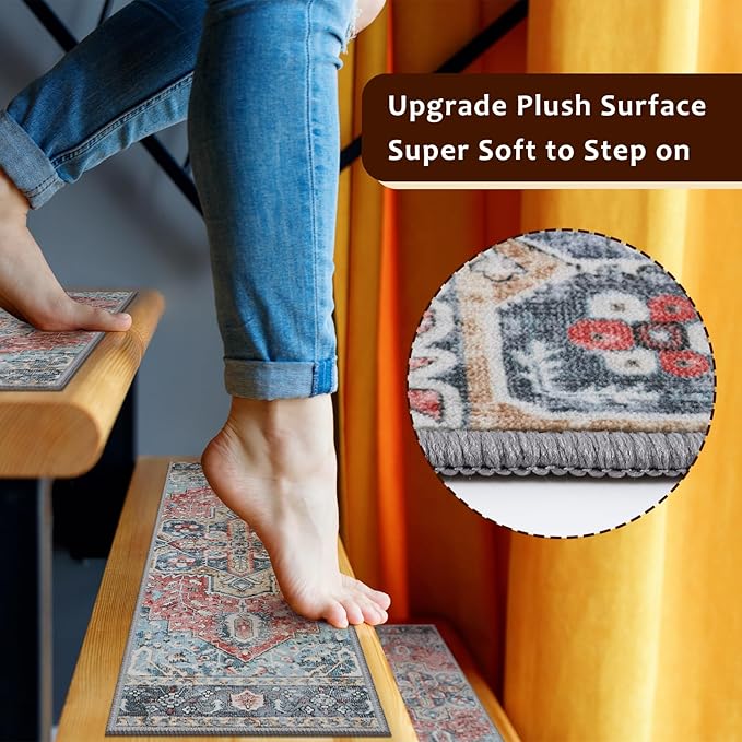 OJIA Non-Slip Stair Treads for Wooden Steps 30"x8" Indoor Stair Runner 15PCS Residue-Free Rubber Backed Carpet Stair Treads Staircase Step Treads Soft Stair Rugs Mats for Kids and Dogs
