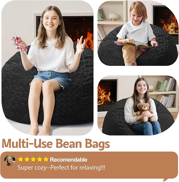 2FT Bean Bag Chair,Giant Bean Bag Chairs for Adults,Big Bean Bags with Memory Foam Filled, Large Beanbag Chairs with Chevron Plush Cover-Black