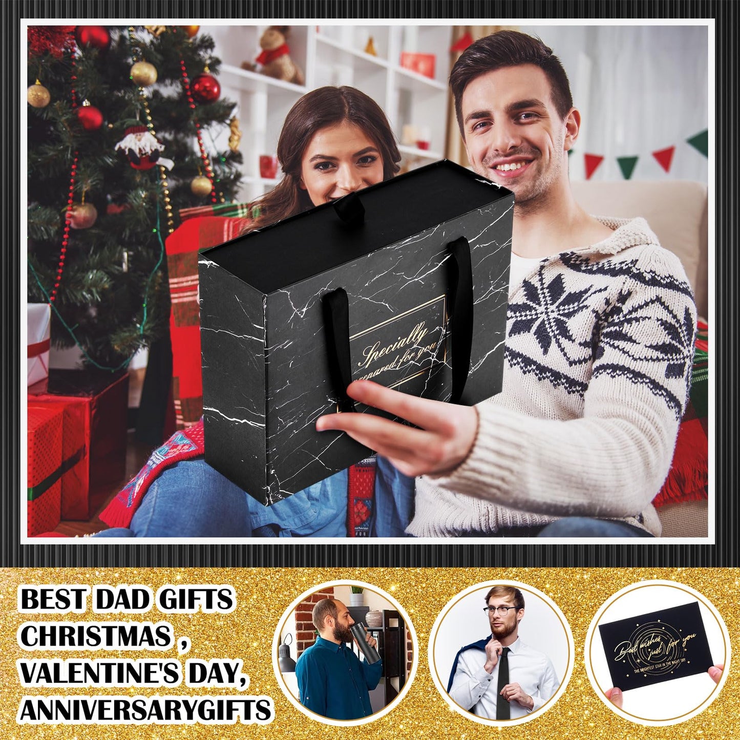 AmazingSpark 2 Pcs Birthdays Gift Baskets for Men Box 16 oz Tumbler Wallet Eye Mask PU Leather Belt Tie Keychain Pen Journal Hat Card Set for Dad Husband Brother(Business Gift Box)