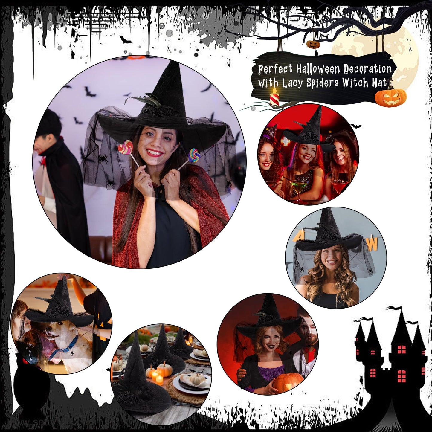 Edussy Lace Halloween Witch Hat with Veil Halloween Costume Witches Hats for Women Accessories