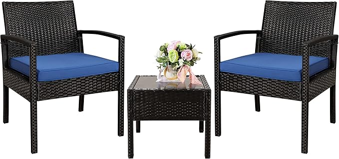PAOLFOX 3 Piece Outdoor Patio Furniture Sets, Rattan Conversation Set with Soft Cushion, Wicker Chairs with Coffee Table for Yard Backyard Lawn Porch Poolside Balcony, Blue