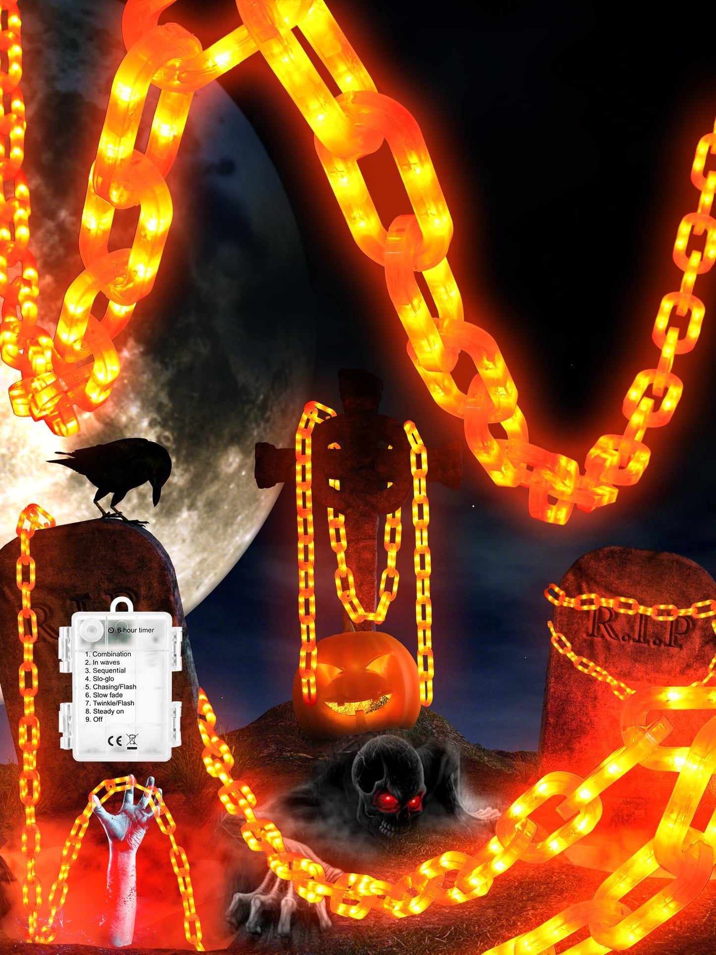 Halloween Decorations Battery String Lights - 10 Ft 160 LED Plastic Chain String Lights with Waterproof, 8 Lighting Modes and Timer Function US Patent Product (Orange)