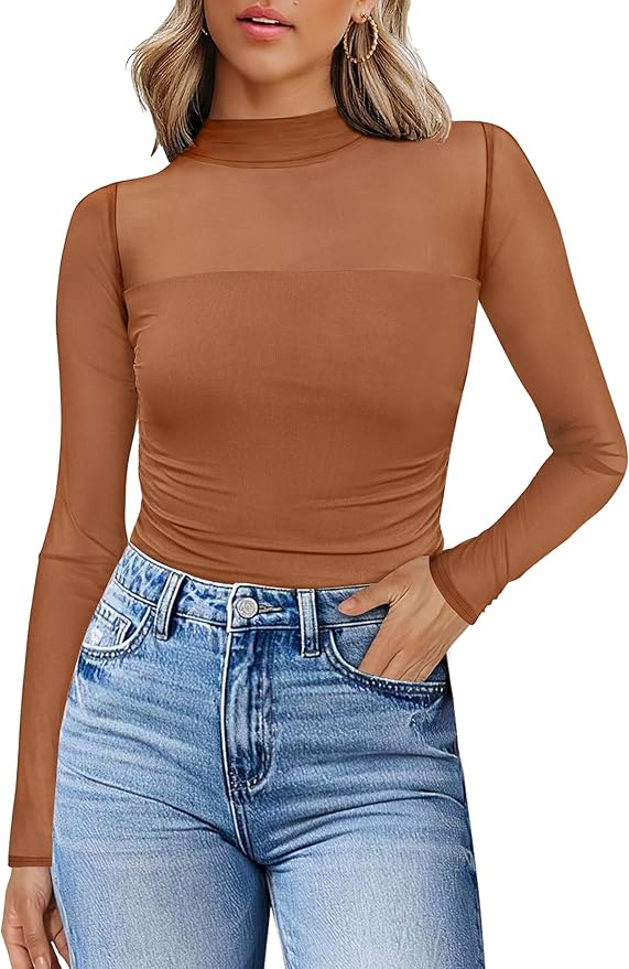 Womens Sexy Mesh Long Sleeve Shirts Fashion Clothing Turtle Necks Sheer Ruched Going Out Tops Fall Outfits Slim Fit Blouses