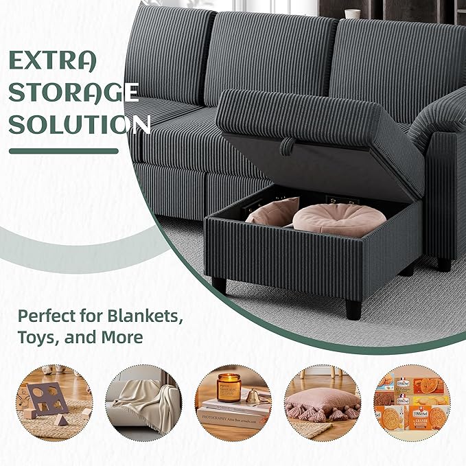 Vongrasig 79" Convertible Sectional Couches Sofa with Storage Ottoman, 3 Seat L Shaped Couch with Side Storage Pockage, Small Couches for Living Room, Apartment and Small Space, Grey