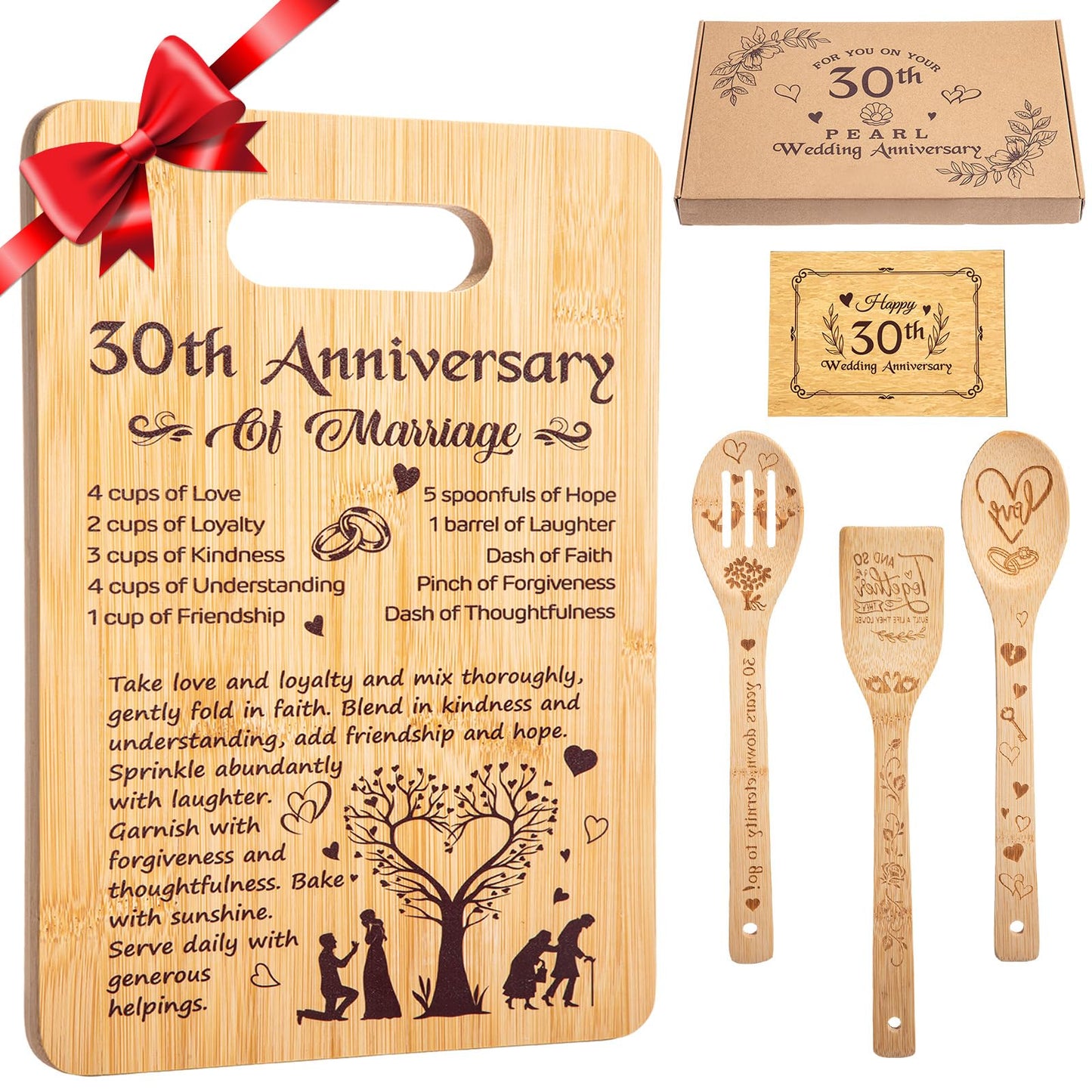 RimCereal 5 Pcs Wedding Kitchen Serving Board Set Anniversary Married Gifts for Women Men Husband Wife Parents Couple Pearl Ruby Golden Diamond Anniversary-recipe for a Happy Marriage(30th)