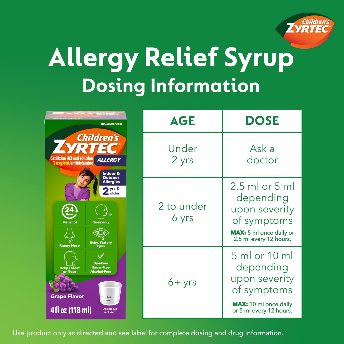 Zyrtec Children’s 24-Hour Allergy Relief Syrup, 5 mg Cetirizine Hydrochloride Antihistamine, Kids Allergy Medicine for Indoor/Outdoor Allergies & Hay Fever, Dye-, Alcohol- & Sugar-Free, Grape, 8 fl oz