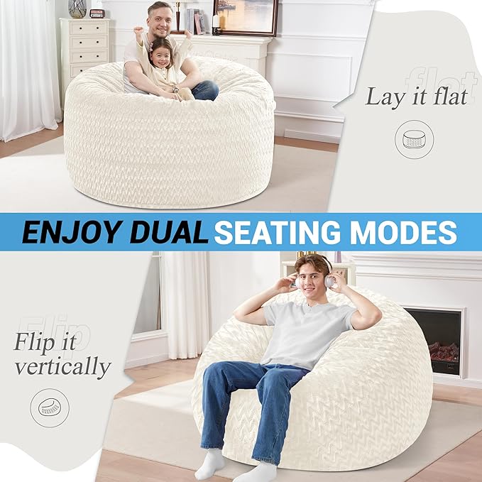 HABUTWAY 4FT Bean Bag Chair,Giant Bean Bag Chairs for Adults,Big Bean Bags with Memory Foam Filled, Large Beanbag Chairs with Chevron Plush Cover-White