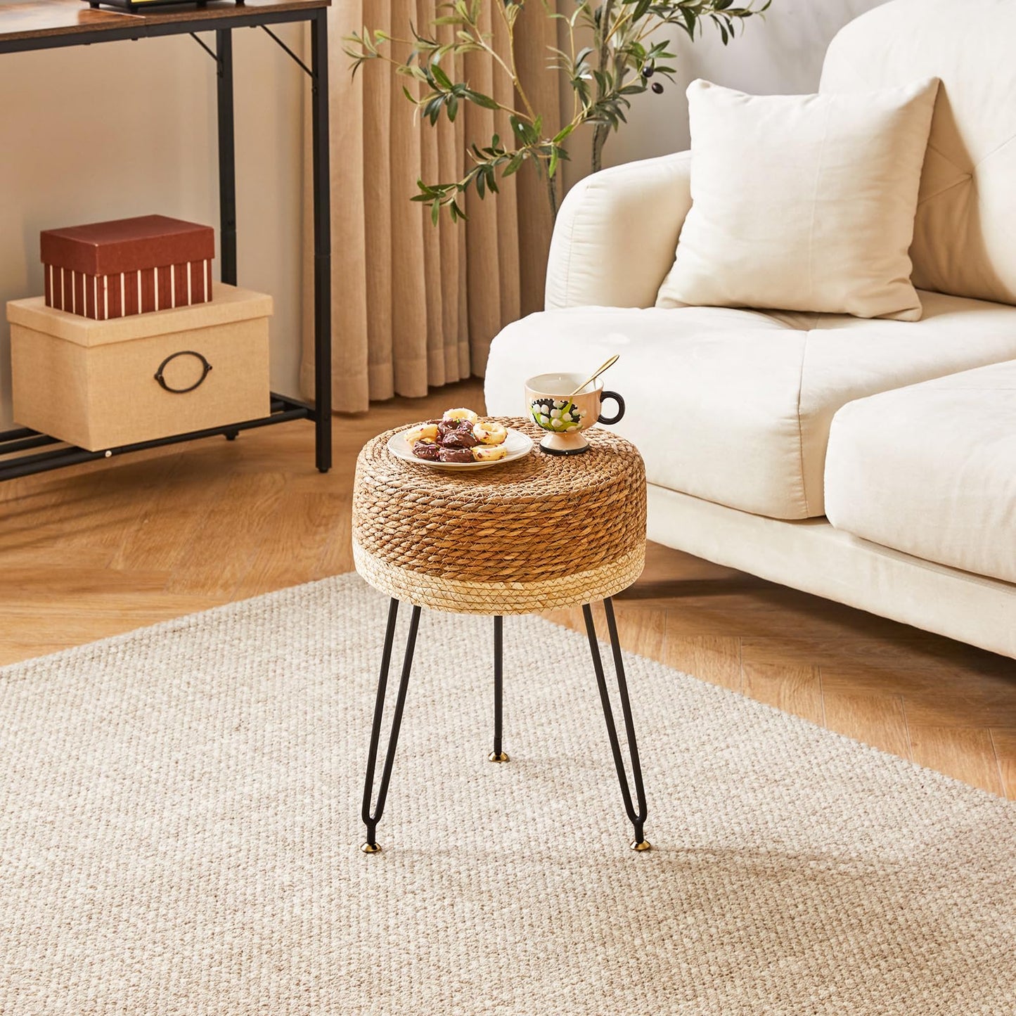 YMYNY Pouf Ottoman, Handmade Natural Water Hyacinth, Pastoral Style Footrest, Footstool with 4 Metal Legs Round Vanity Stool for Bedroom, Hallway, Living Room 12.59"L×12.59"W×17.71"H White UHBD029W