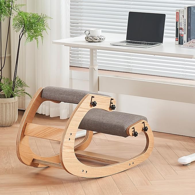 MoomJiee Ergonomic Kneeling Chair,Adjustable Rocking Knee Chair for Home Office,Wooden Office Chair for Back Pain Relief, Grey
