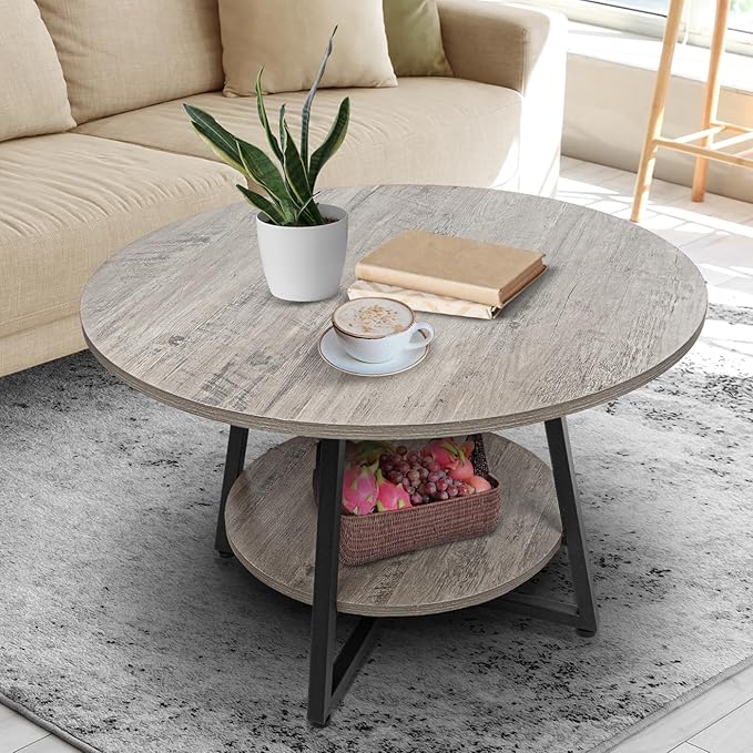 Masigle Round Coffee Table, 2-Tier Circle Coffee Table with Storage, Modern Wood Round Center Table, for Living Room, Small Space, Home Office, Easy Assembly, Wash Gray