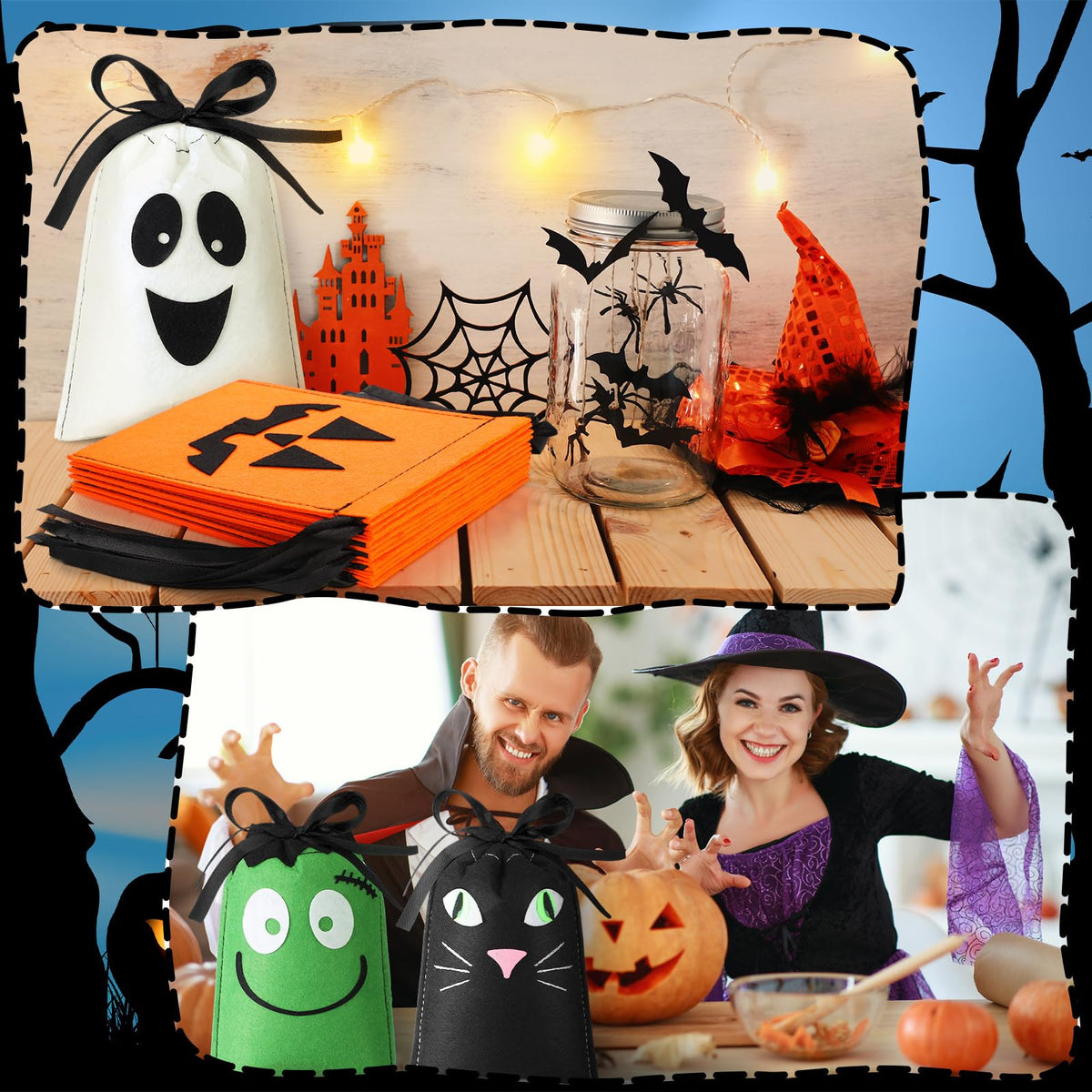 Sweetude 24 Pcs Halloween Felt Treat Bags 5 x 7'' Handmade Pumpkin Ghost Candy Goodie Gift Bags with Drawstrings Trick or Treat Halloween Party Favors Supplies