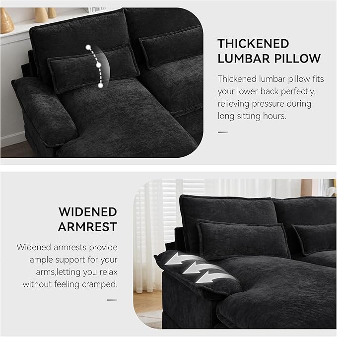 125" U Shaped Cloud Modular Sectional Couch for Living Room, Small Comfy Chenille Sofa with Double Chaise Lounge, Storage Central Console, Cup Holders, USB Port,Black