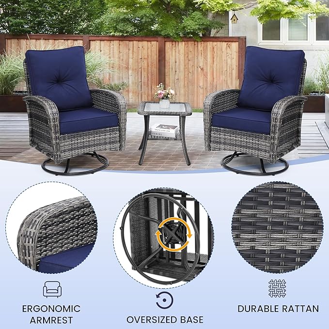 wildformers Luxury Outdoor Swivel Wicker Glider Patio Chairs with Table Set, Overstuffed Washable Cushions, Ideal for Porch, Balcony, Deck, Grey Rattan and Blue Cushion