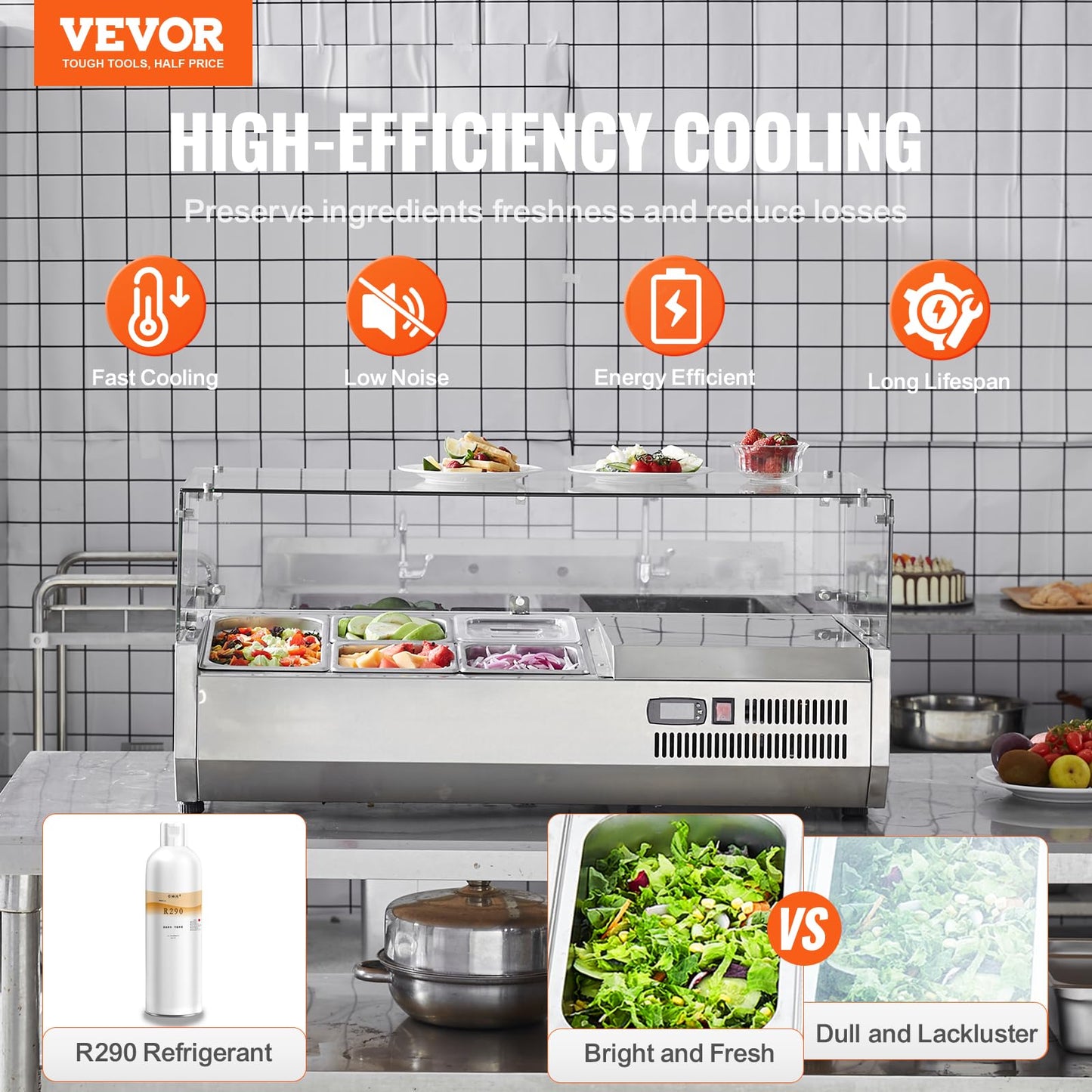 VEVOR Countertop Refrigerated Condiment Station, with 1 1/3 4 1/6 Pans, 304 Stainless Body and PC Lid, Sandwich Prep Table Guard, ETL, Glass 40in, Silver