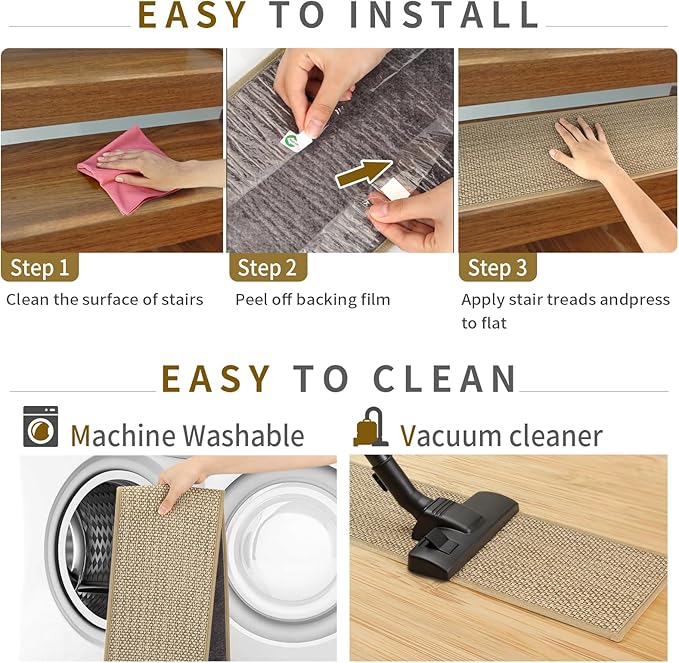 Stair Treads Non Slip for Wooden Steps Indoor 9" x 36" 15 Pack Extra Wide Stair Tread Carpet Stairs Runner, Step Pads with Reusable Adhesive for Dogs Kids Elders, Machine Washable, Beige