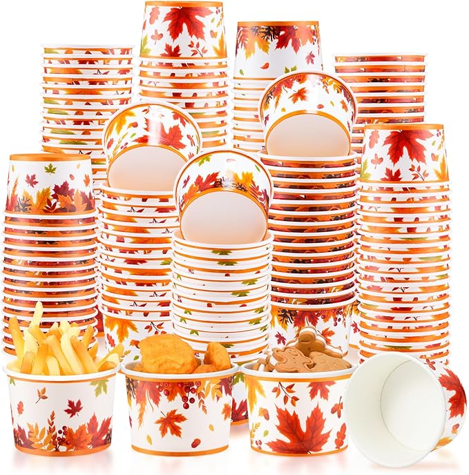 Didaey 150 Pieces Fall Treat Snack Cups 8 oz Thanksgiving Maple Leaf Ice Cream Cups Happy Fall Party Supplies Harvest Disp...