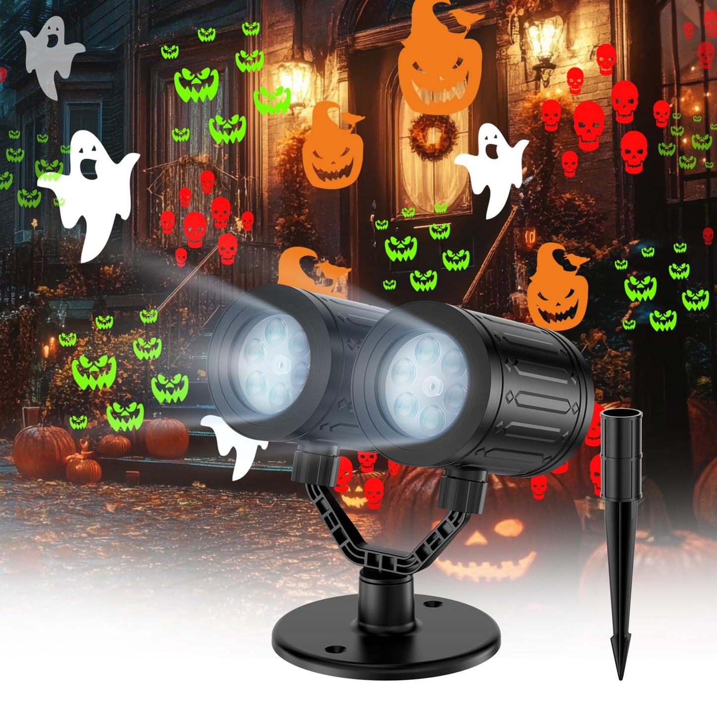 afzdby Double Head Halloween Projector Lights Outdoor with Timer,IP65 Waterproof Dynamic Halloween Ghost Skeleton Pumpkin Devil Face Lights for Home Window Wall Decor