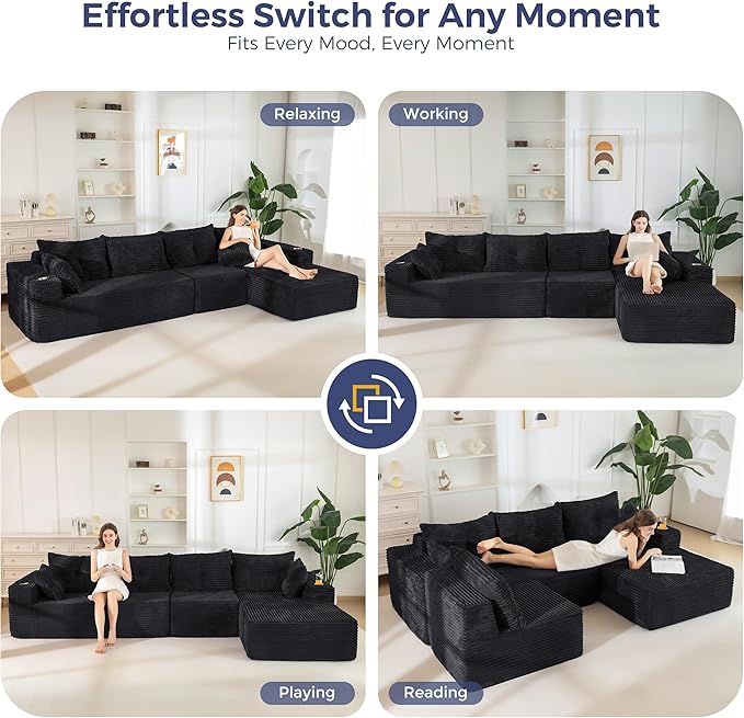 MAXYOYO 132" Oversize Modular Sectional Couch with L-Shape Chaise, Modern Boneless Couch for Living Room, Sofa in A Box, Oversized Sofa Sleeper with Deep Seat, No Assembly Required, Black