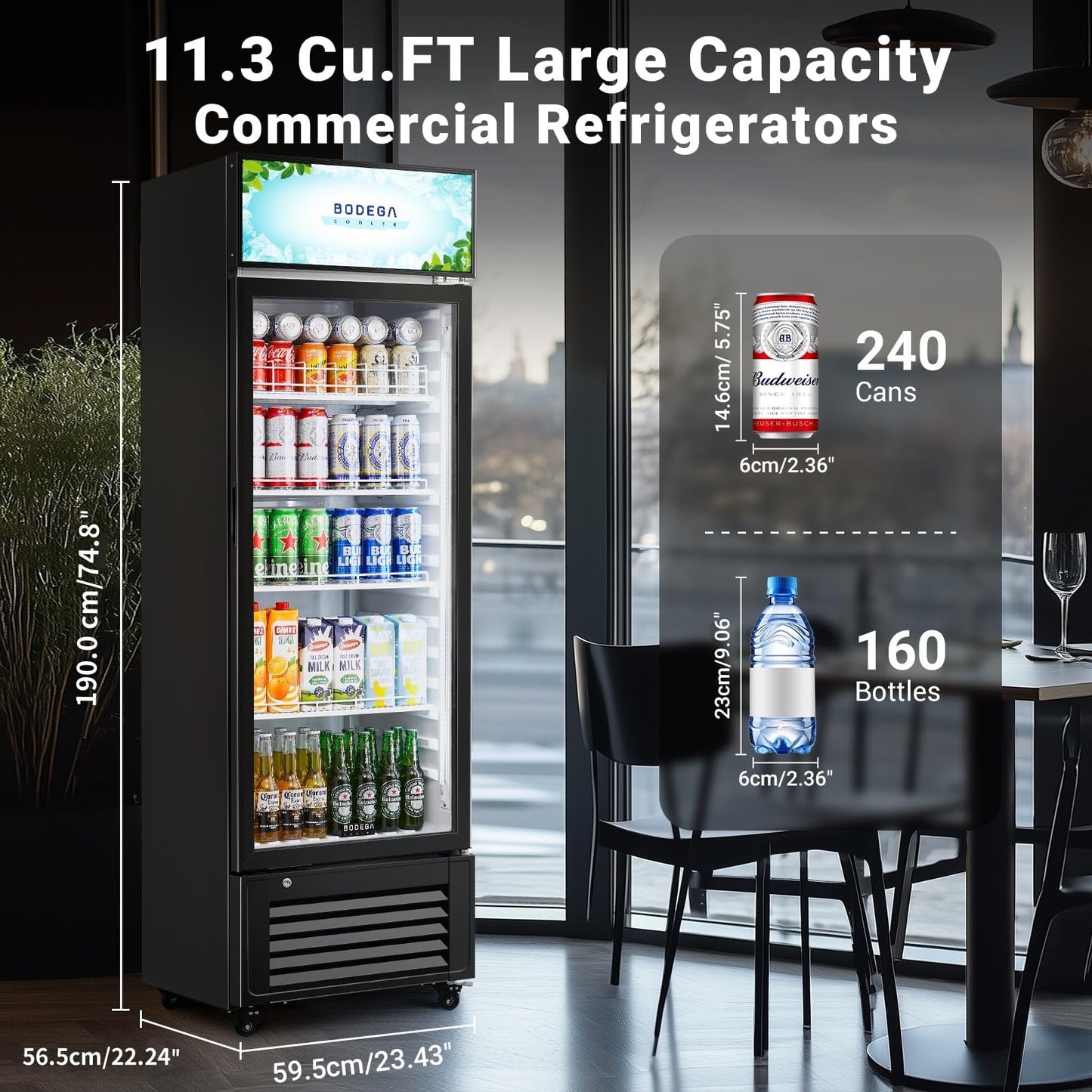 BODEGACOOLER Commercial Refrigerators with 4 shelves, 240 cans &160 bottles Beverage, 11.3 Cu. Ft. Commercial Merchandiser Refrigerators with Soft LED Light,For Garage, Gym, Man cave, Shop, Office.