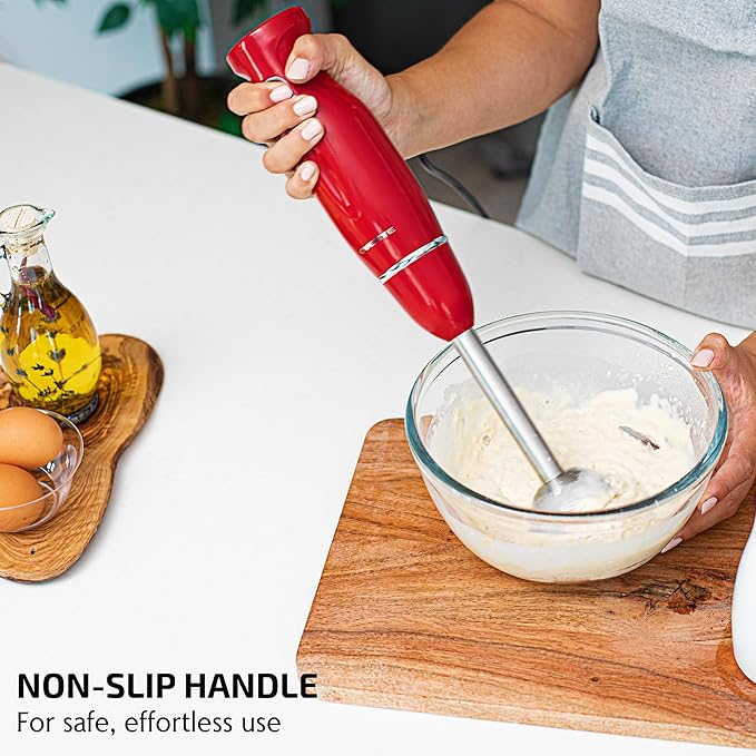 OVENTE Immersion Hand Blender, 300W Corded Electric Handheld Stick Mixer with 2 Mixing Speeds and Stainless Steel Blades for Smoothies, Purees & Baby Food, Red HS560R