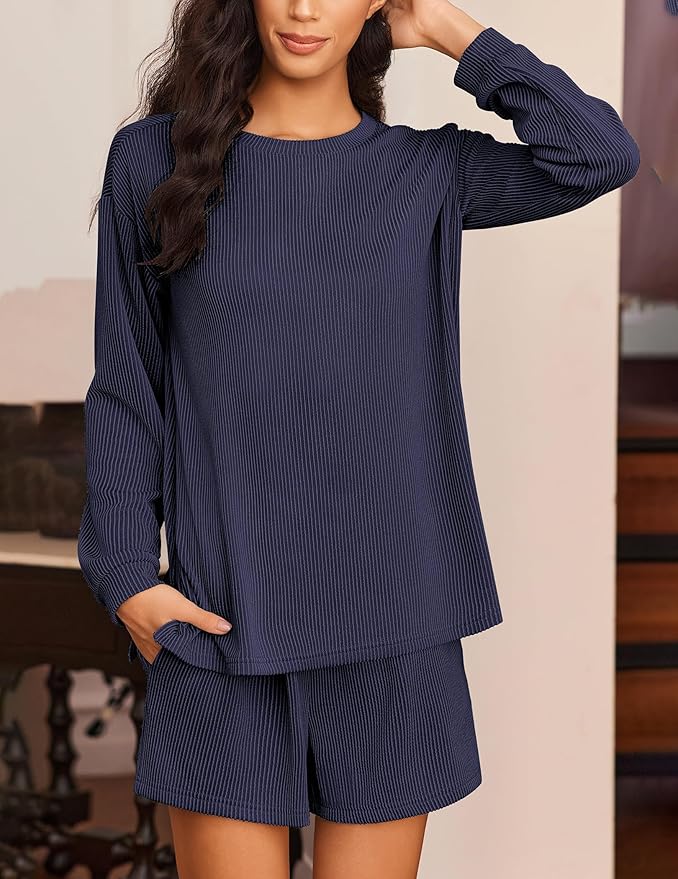 Ekouaer 2 Pieces Lounge Set for Women Long Sleeve Pajamas Top and Shorts Matching Sets Outfits with Pockets