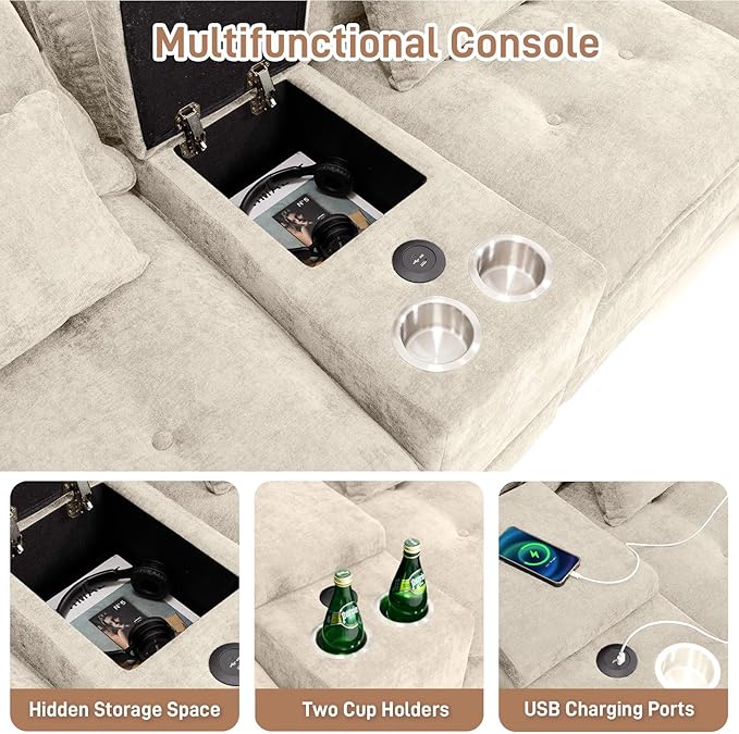 BEQAI 134"U Shaped Sectional Couches for Living Room, Oversized Modular Sectional Fluffy Couch with 2 Ottoman & Storage Console,Modern 6 Seat Living Room Sofa with Glitter Fabric,Tufted Buttons, Beige