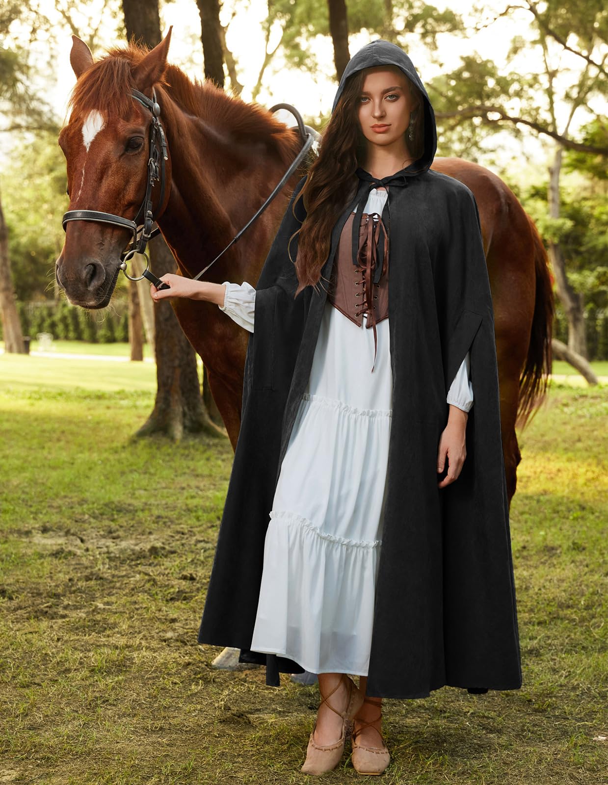 Scarlet Darkness Women Renaissance Hooded Cape Medieval Cloak Hobbit Halloween Costume Black