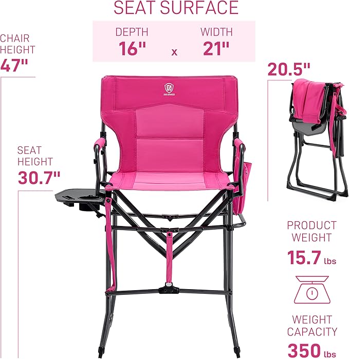EVER ADVANCED Portable 30.7" Seat Height Tall Folding Camping Chair Directors Chair High Foldable Bar Stool with Side Table for Makeup Artist, Sports Event, Craft Show, Supports 350LBS Pink