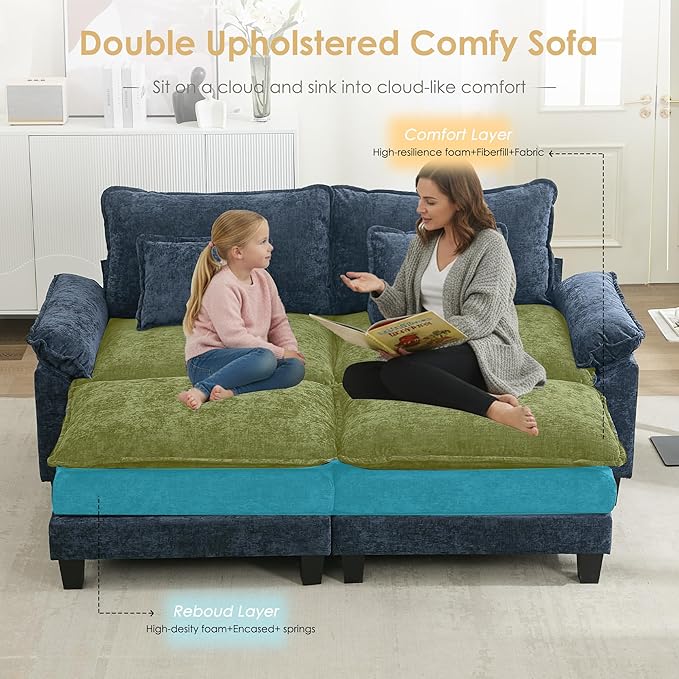 URRED Cloud Couch Modular Sectional Sofa, 87" Modern Loveseat Sofa with 2 Ottomans & Pillows, Ultra Comfy Chenille Couches for Living Room, Bedroom or Apartment, Blue