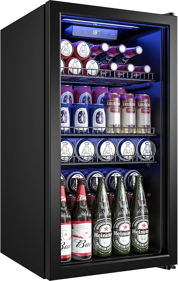 Manastin Beverage Refrigerator Cooler-120 Cans Freestanding Mini Fridge Cooler with Glass Door, Adjustable Shelves & Digit...