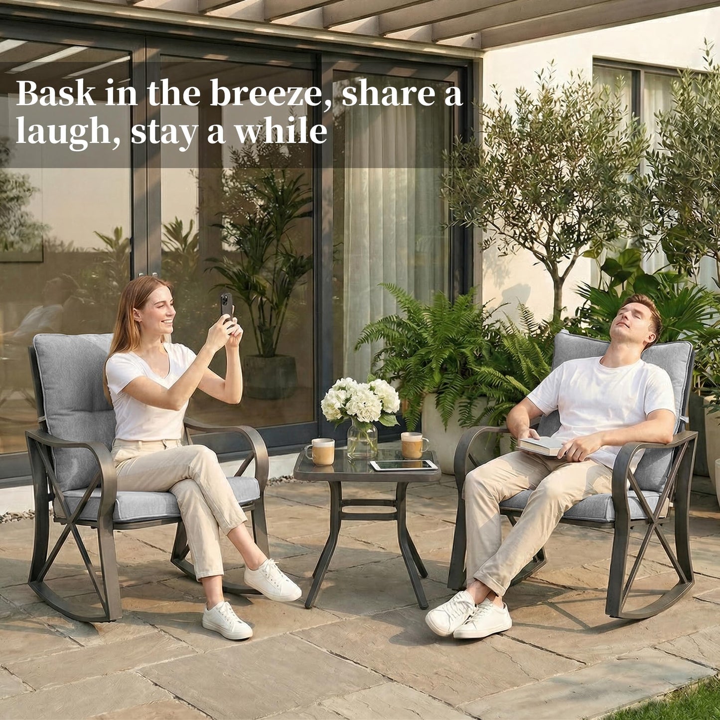 COSIEST 3 Piece Bistro Set Patio Rocking Chairs Outdoor Furniture w Warm Gray Cushions, Glass-Top Table for Garden, Pool, Backyard