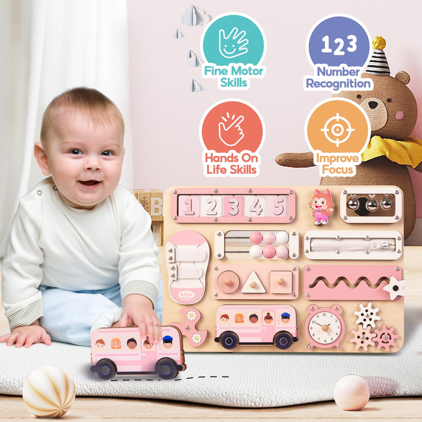 Kalotoys Large Busy Board Montessori Toys for 1 2 3 Year Old - Sensory Toys for Toddlers 1-3 - Fine Motor Skills & Early Learning - Montessori Gift for Boys & Girls - Travel-Friendly & Safe
