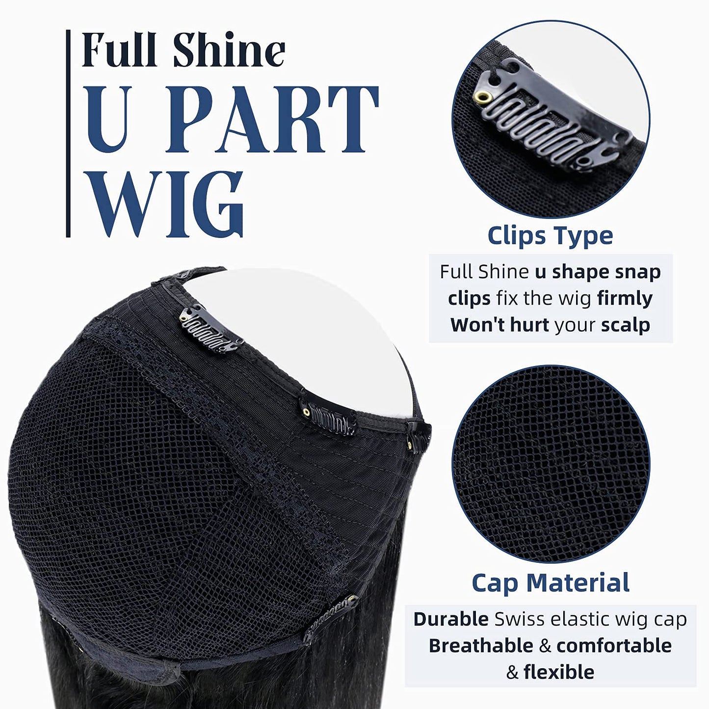 Full Shine U Part Natural Hair Half Wig - Jet Black Straight 20Inch U Part - Remy Straight 150Grams Invisible Extensions