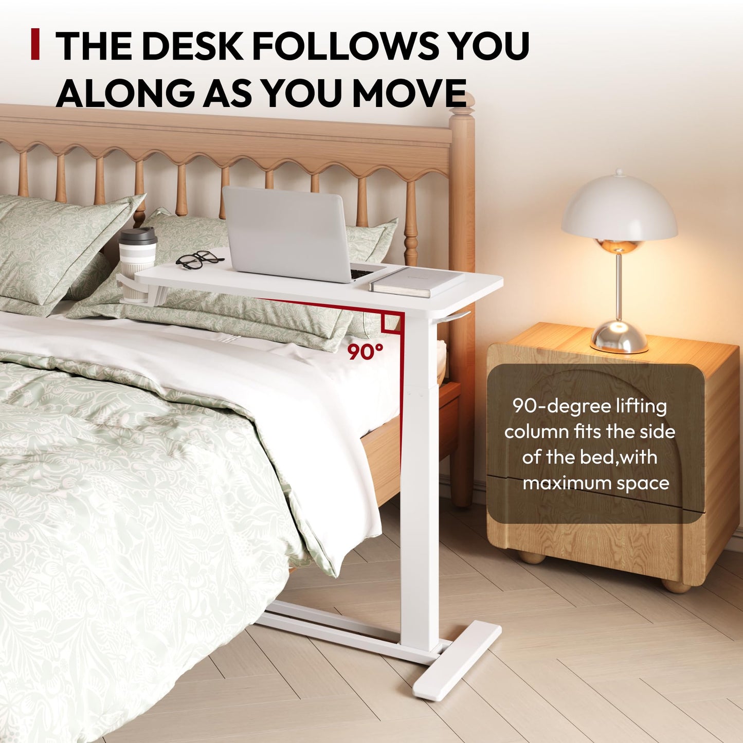 SANODESK Mobile Standing Desk with Hidden Wheels,Pneumatic Laptop Desk Rolling Computer Cart Movable Height Adjustable Small Sit Stand Desk for Home Office(27.6" W x 15.7" D, White)