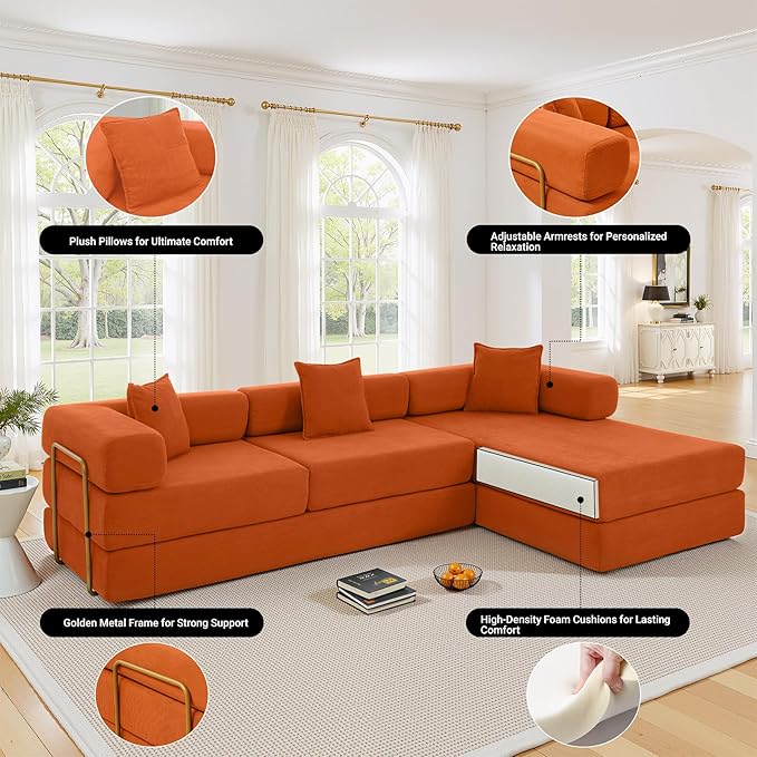 108" Oversized Convertible Sleeper Sofa Bed, Corduroy L Shape Sectional Couch, Folding Sofa Bed with Fixed-Shape Frame, Modern Cloud Floor Mattress Couch, Modular Sofa for Living Room, Orange