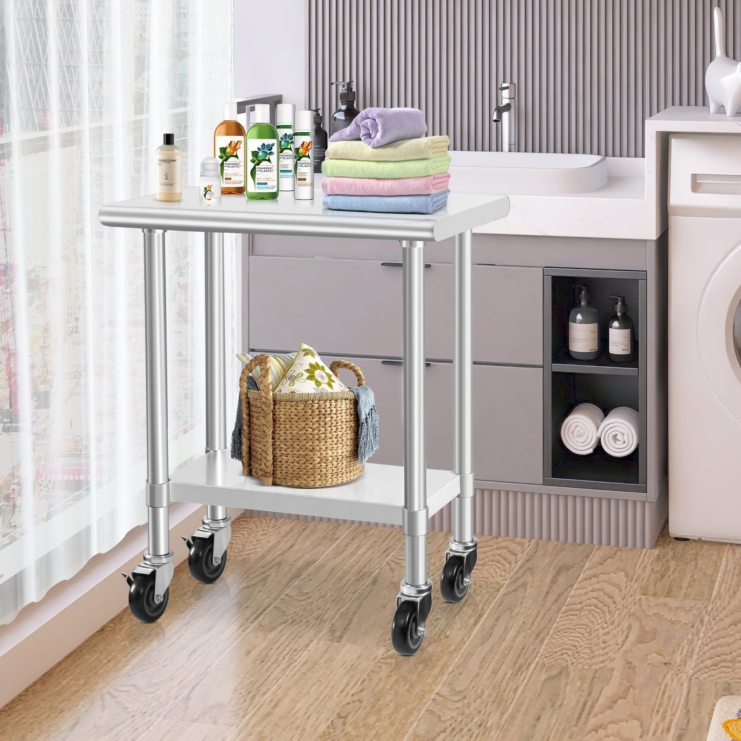 HARDURA Stainless Steel Commercial Table Prep & Work Table with Casters Heavy Duty Metal Table with Wheels NSF 430 18×30 Inches