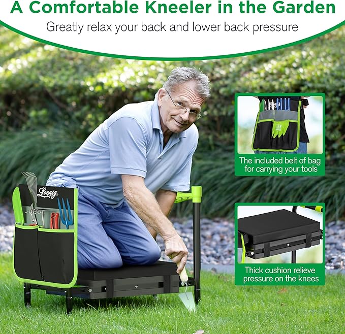 LOENIY 10.8” Wide Garden Kneeler and Seat, Heavy Duty Foldable Gardening Stool with Tool Belt Pouch, Included Thickened Kneeling Pad, Portable Gardening Bench Chair for Seniors & Parents