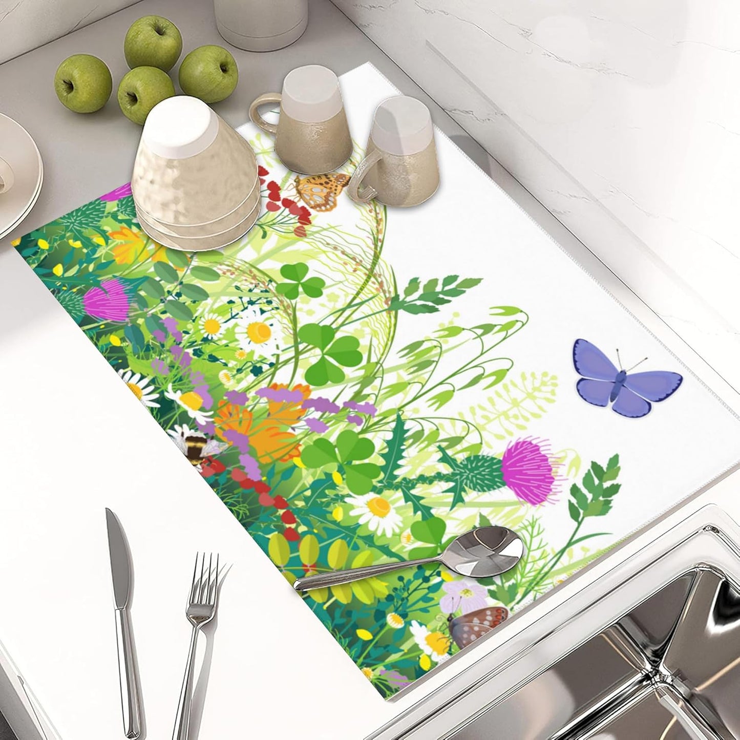Large Dish Drying Mat for Kitchen Counter,18"X24" Meadow Plants Flowers and Butterflies Absorbent Reversible Microfiber Dish Drying Mat Dish Drainer Mat,Drying Pad for Kitchen Countertop Coffee Bar