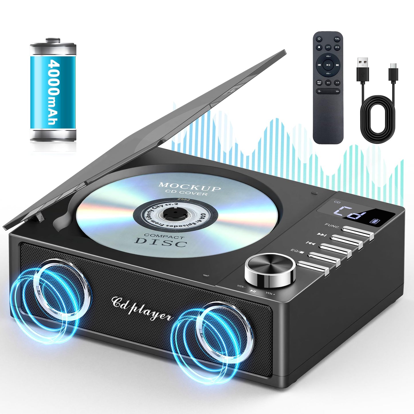 Portable Cd Player With Bluetooth 5.3, Greadio Cd Player With Speakers For Home, 4000Mah Rechargeable Retro Cd Music Player With