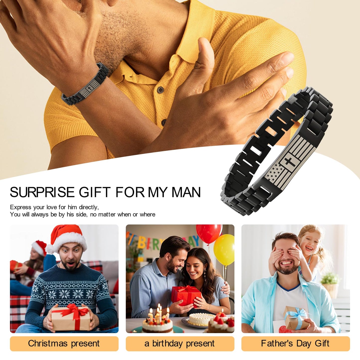 HSM Christian Bracelet for Men– Men’s Bracelet with Bible Verse, Faith & Patriotic Stainless Steel Bracelets for Men, Religious Gift for Husband, Dad, Son – Adjustable Custom Fit