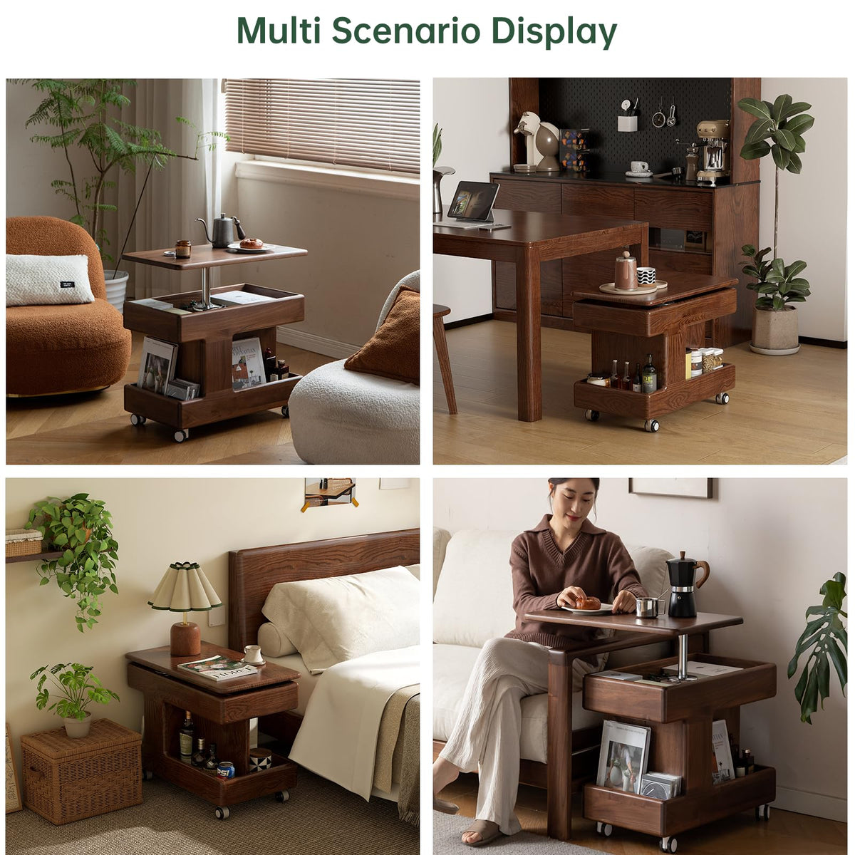 Vadisun 100% Solid Wood Lift Top Coffee Table, Small Bedside Table with Rolling Wheels, Adjustable Side Table for Dining Room, Recliner and Small Places(Walnut, Fully Assembled Furniture)