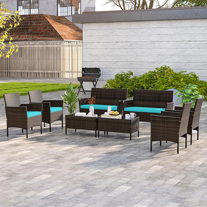 HAPPYGRILL 8 Pieces Outdoor Rattan Conversation Set, Patio Wicker Furniture Set with Loveseat Chairs & Tempered Glass Coffee Table, Outside Sectional Sofa Set for Backyard, Garden, Poolside