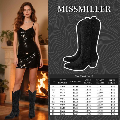 Women’s Rhinestone Cowboy Boots Mid Calf Pointed Toe Sparkly Block Heel Cowgirl Boots with Pull On Tabs