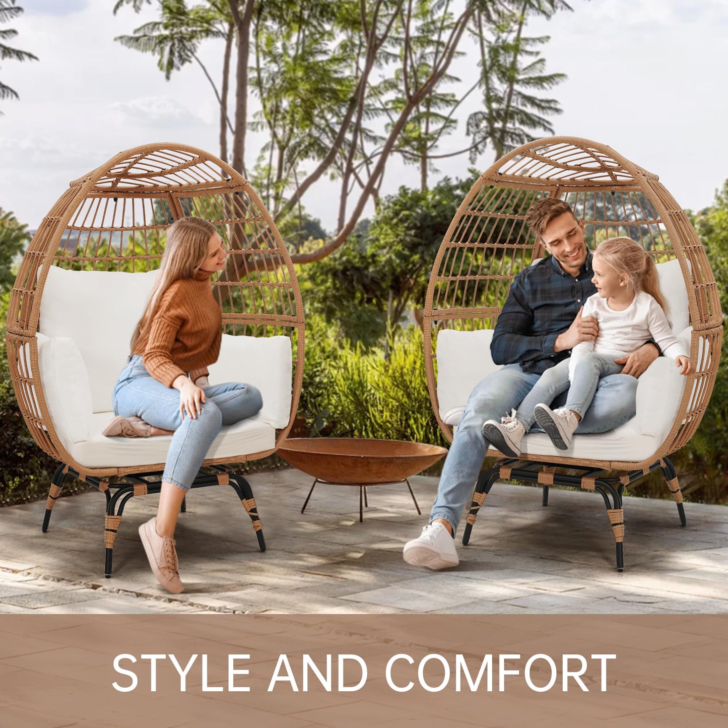Murago Oversized 360 Swivel Rattan Egg Chair for Adult, Indoor Outdoor Patio Large Wicker Egg Chair with Overstuffed Cushions, 440lb Weight Capacity, Natural Rattan with Beige Cushion